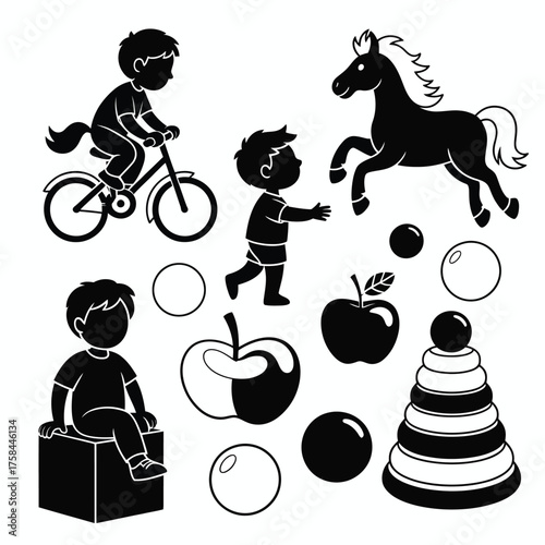 Children's playtime fun black and white line art illustration with toys and animals silhouette
