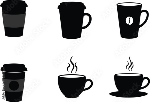 Coffee cup silhouette, mug icon set, disposable coffee cup, steaming espresso, black vector graphic, cafe symbol, hot drink illustration