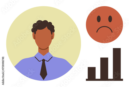 Portrait of a man in a tie, a sad face icon, and a descending bar chart. Ideal for business struggle, challenges, failure, underperformance, emotional stress, corporate issues simple flat metaphor
