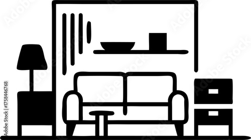 Elegant living room setup with modern couch, stylish lamp, and decorative shelf arrangement