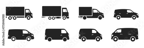 Minimalist vector icons of trucks and vans set for logistics and delivery services silhouette
