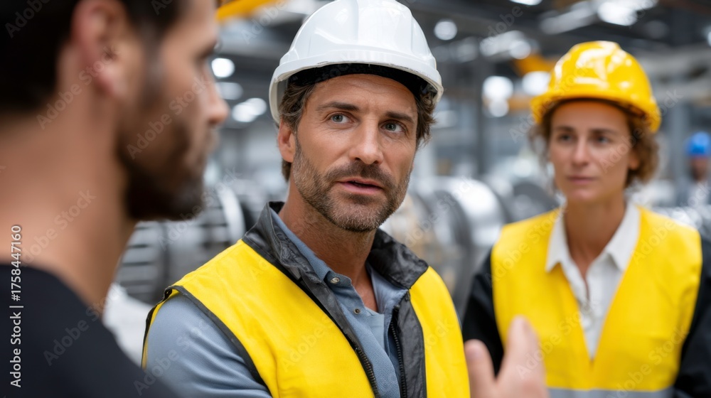 Obraz premium Safety meeting among construction workers industrial site team discussion workshop environment close-up view workplace collaboration