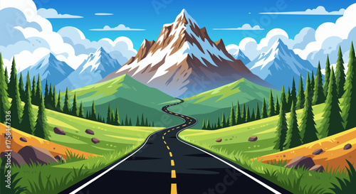 Picturesque winding road through vibrant green valleys towards majestic snow-capped mountains under a clear blue sky