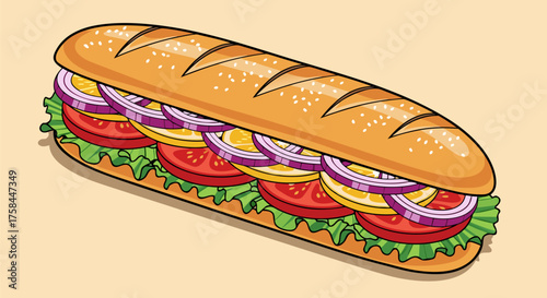 Freshly Made Submarine Sandwich with Lettuce, Tomatoes, and Onions on a Sesame Seed Bun, A Delicious Meal