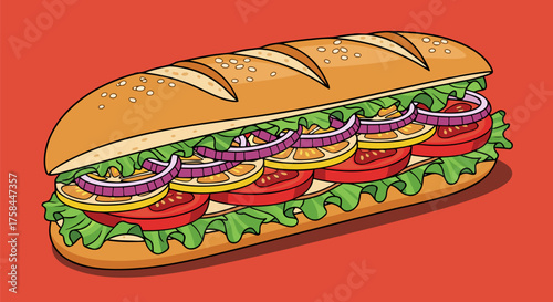 Vibrant illustration of a long submarine sandwich, packed with fresh lettuce, ripe tomatoes, and tangy red onions on a golden sesame bun