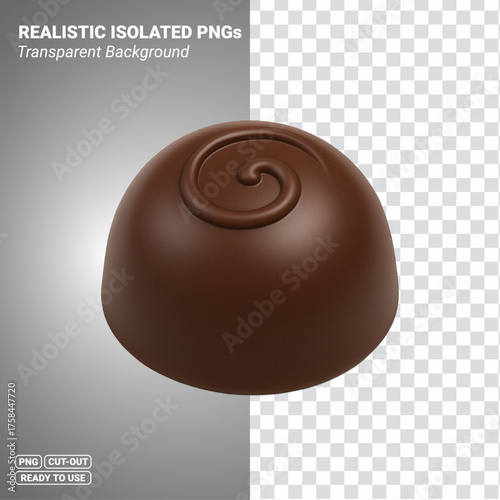 3D dark chocolate truffle bonbon with swirl top isolated image. Transparent PNG file ready to be used.