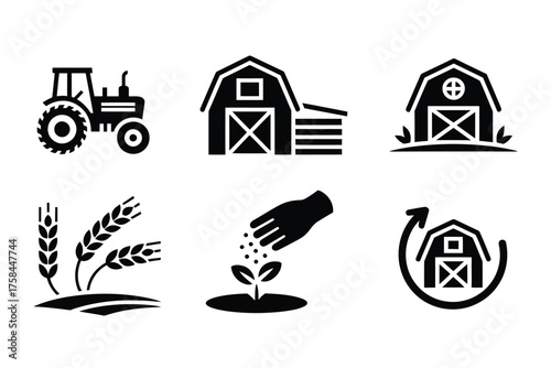 Set of six minimalist black and white farm and agriculture icons for vector graphics silhouette