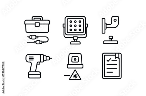 simple outline stroke icon isolated on white background AV cabling toolkit LED spotlight fixture adjustable mounting bracket power drill driver laser alignment device equipment maintenance