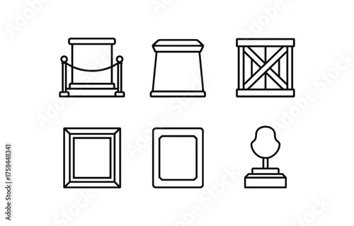simple outline stroke icon isolated on white background Museum Wood display plinth mahogany exhibit base cedar storage crate oak frame molding birch mounting board walnut artifact stand