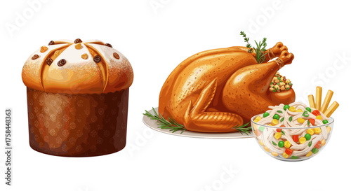 Vector  still life featuring a panettone cake roasted turkey and a bowl of salad on a surface area