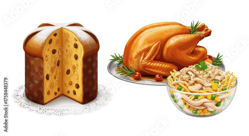 Vector  illustration featuring a panettone, a roasted turkey on a platter, and a bowl of pasta salad