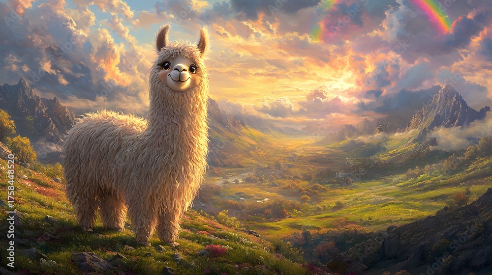 Fototapeta premium Smiling llama stands on a hillside with a rainbow and mountain landscape