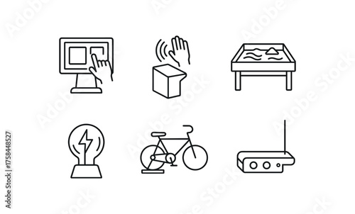 simple outline stroke icon isolated on white background Science Museum interactive touchscreen motion sensor exhibit station augmented reality sandbox tactile plasma ball pedal powered