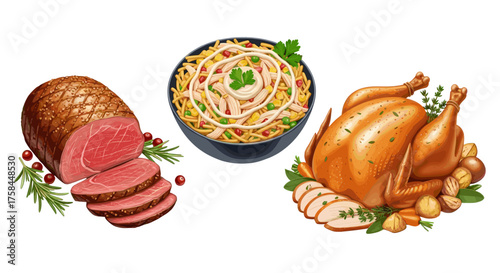Vector  illustration showcasing a roast beef, pasta salad, and a roasted turkey with garnishes shown