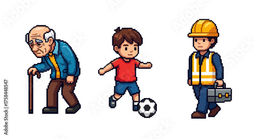 Vector  pixelated illustration showing an elderly man, a boy playing soccer, and a construction worker
