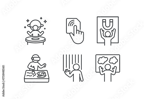 simple outline stroke icon isolated on white background gesture controlled planetarium table RFID object tag game hands on magnet VR fossil dig station capacitive water harp interactive fog