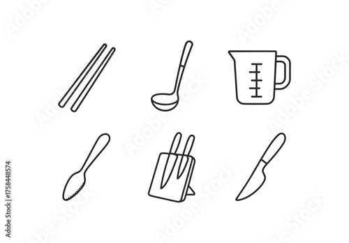 simple outline stroke icon isolated on white background titanium travel chopsticks heat resistant nylon ladle glass measuring jug serrated grapefruit spoon magnetic knife ceramic vegan