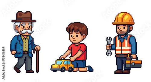 Vector  pixel art image showing an old man, a child playing with a toy car, and a construction worker