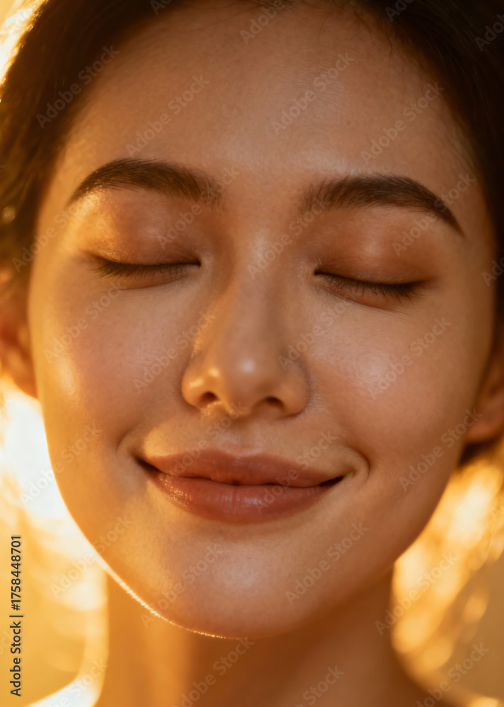 Fototapeta premium Portrait of a Young Woman with Eyes Closed and Serene Facial Expression in Warm Light
