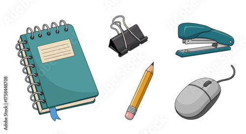 Vector  illustration featuring a notebook, binder clip, stapler, pencil, and computer mouse arranged neatly