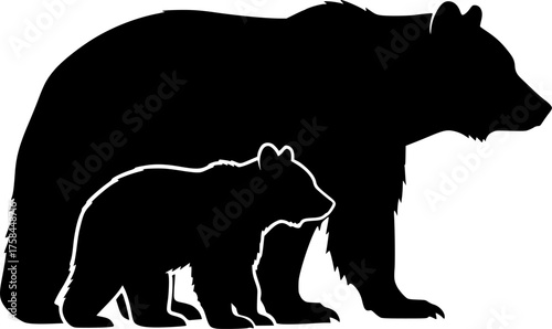 Bear and cub silhouette. This image shows a black silhouette of a bear and its cub standing side by side, symbolizing wildlife and familial bond. Vector clipart illustration design