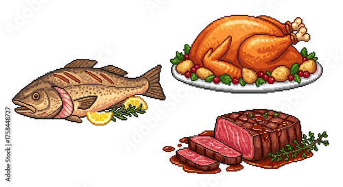 Vector  pixel art depiction of a cooked fish, a roasted turkey, and a sliced steak on a plain surface