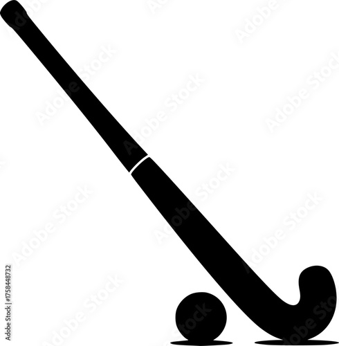 Field hockey silhouette. This image shows a black silhouette of a field hockey stick and ball, capturing the essence of the sport and its essential equipment. Vector clipart illustration design.