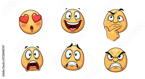 Vector  illustration showing six cartoon egg characters displaying different emotions and expressions