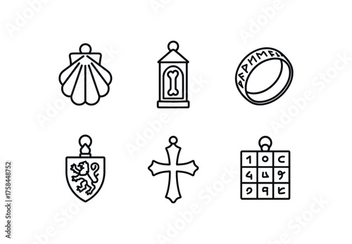 simple outline stroke icon isolated on white background Medieval pilgrim lead badge saint bone reliquary pendant runic inscribed amulet ring knight heraldic seal fob Byzantine bronze cross
