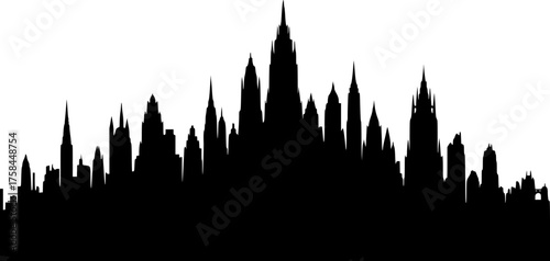 Gotham city silhouette. This shows a bold black white Gotham city silhouette, also urban skyline, with tall spires and buildings, evoking a dark, mysterious metropolis. clipart illustration design
