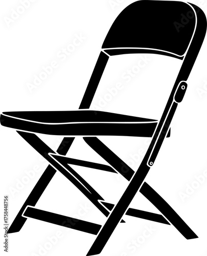 Folding chair silhouette. This image shows a black silhouette of a folding chair, also known as a collapsible chair or portable chair. Vector clipart illustration design