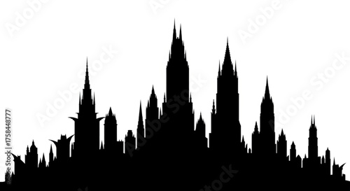 Gotham city silhouette. This shows a bold black white Gotham city silhouette, also urban skyline, with tall spires and buildings, evoking a dark, mysterious metropolis. clipart illustration design
