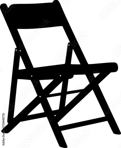 Folding chair silhouette. This image shows a black silhouette of a folding chair, also known as a collapsible chair or portable chair. Vector clipart illustration design