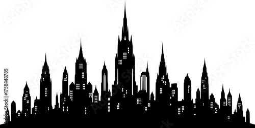 Gotham city silhouette. This shows a bold black white Gotham city silhouette, also urban skyline, with tall spires and buildings, evoking a dark, mysterious metropolis. clipart illustration design
