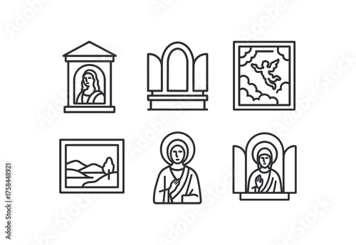simple outline stroke icon isolated on white background Art Museum sfumato portrait gilded predella grisaille underpainting trompe l œil ceiling scene Renaissance landscape panel gold leaf