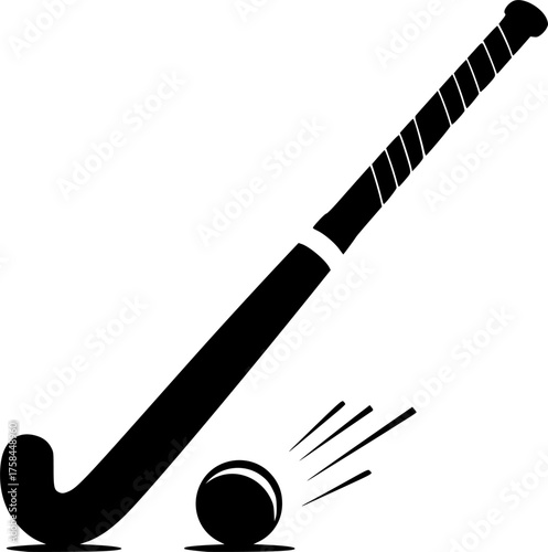 Field hockey silhouette. This image shows a black silhouette of a field hockey stick and ball, capturing the essence of the sport and its essential equipment. Vector clipart illustration design.