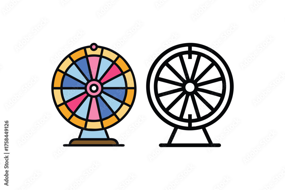 Obraz premium Colorful and outlined wheel icons representing games prizes and entertainment