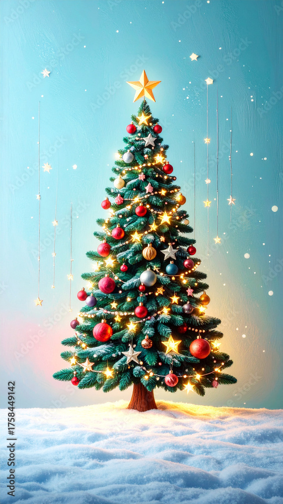 Obraz premium 雪の上に立つ輝くクリスマスツリー。星やオーナメントが光る幻想的な冬の風景。あたたかい雰囲気で季節の挨拶状や広告、背景素材に最適なデザイン。