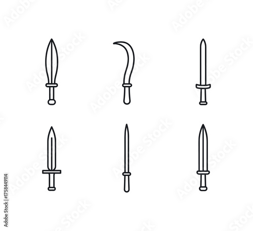 simple outline stroke icon isolated on white background Arms Museum Mycenaean leaf blade sword Arms Museum Assyrian iron sickle sword Arms Museum Etruscan bronze spatha Arms Museum Chinese