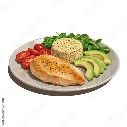Healthy plate with chicken, quinoa, avocado, tomatoes, and greens.