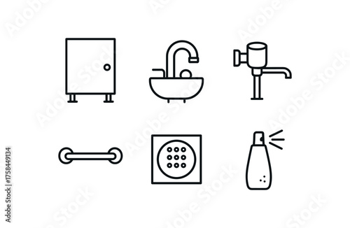simple outline stroke icon isolated on white background bathroom partition panel bathroom sink faucet bathroom flush valve bathroom grab bar bathroom floor drain bathroom air