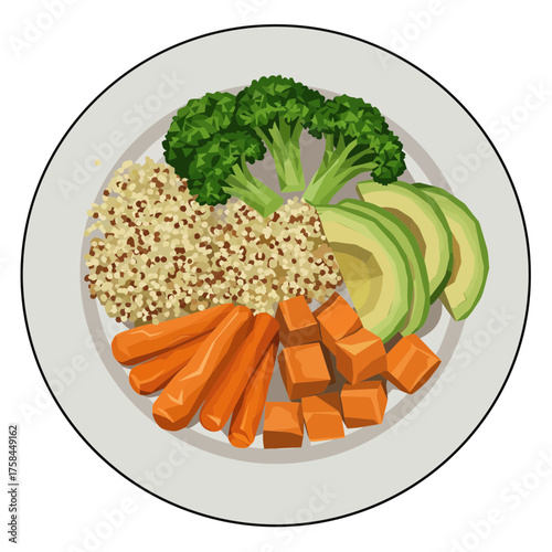 Colorful and healthy food bowl with quinoa, broccoli, avocado, carrots, and sweet potatoes.