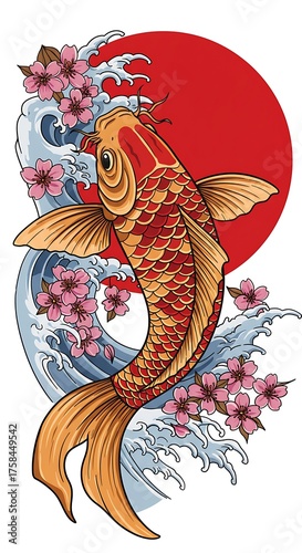Wallpaper Mural Japanese Koi Fish Tattoo with Waves and Cherry Blossoms Torontodigital.ca