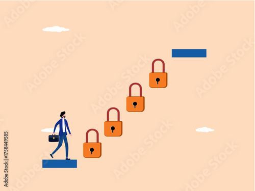 businessman tries to unlock the key step by step