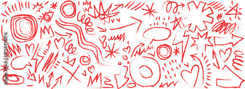 A vibrant collection of hand-drawn shapes and doodles in a punk and rock style. Features bold brush strokes, graffiti-inspired elements, and quirky crayon stickers for a unique graphic feel.