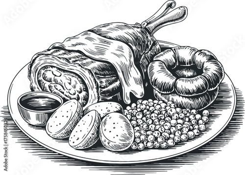This elaborate black and white illustration captures the essence of a traditional British Sunday roast, featuring a large cut of beef, roasted potatoes, peas, and a Yorkshire pudding