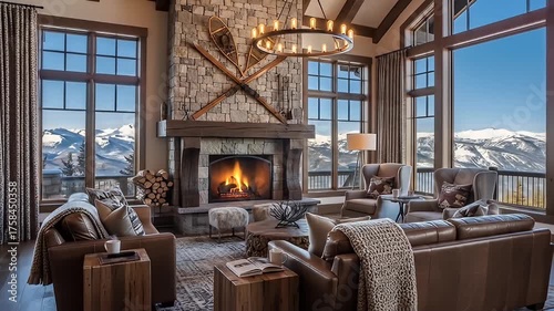 Luxury living room with stone fireplace, leather sofas, and panoramic mountain views