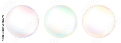 虹色に輝く透明なシャボン玉の3個セット（ベクター・背景透過）