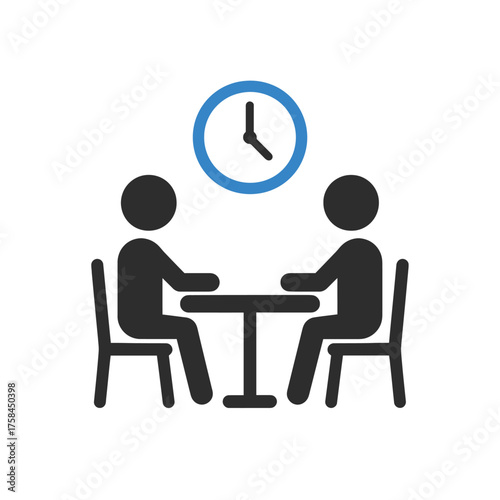 Two people sitting at a table with a clock indicating time passing on white background.