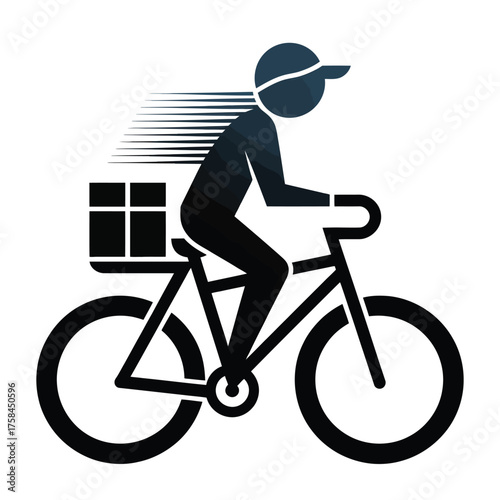 Minimalist vector icon illustration of a cyclist delivering a package speedy courier service silhouette